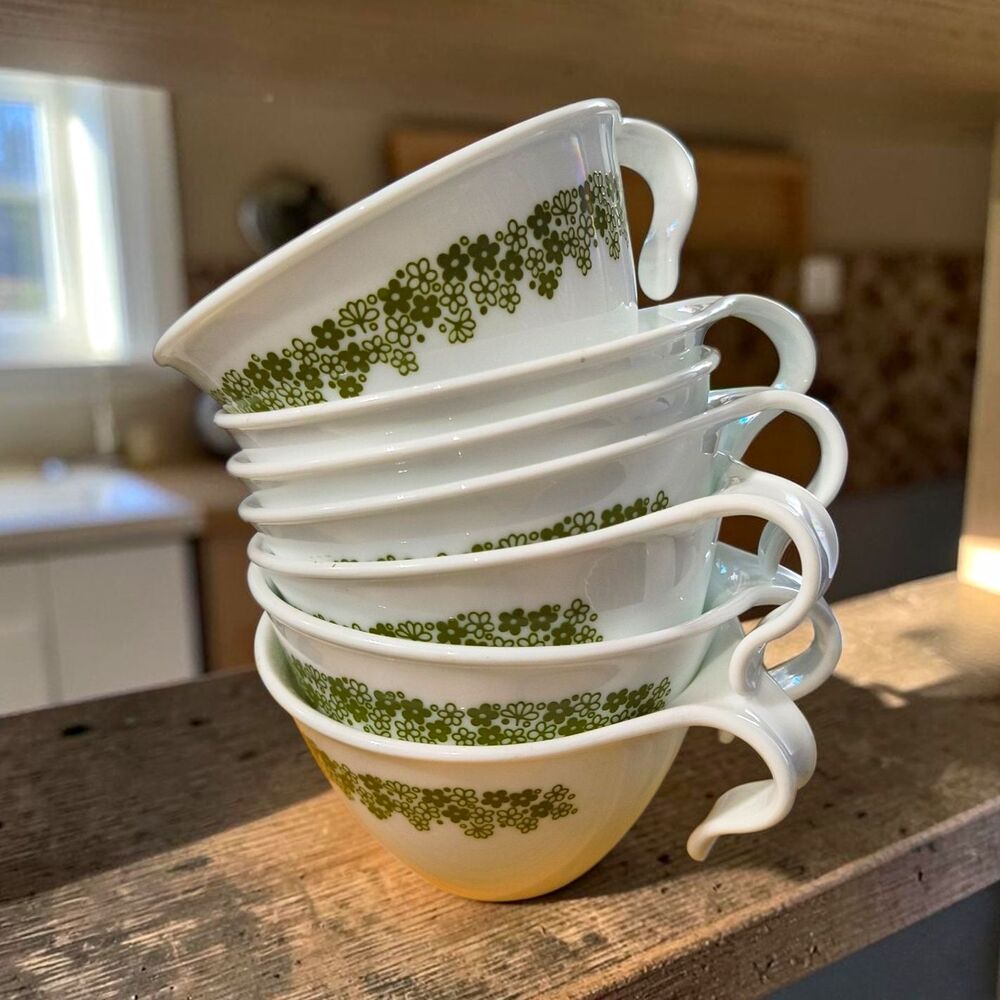 Vintage Corelle Spring Blossom Green Cups Set of 7 Crazy Daisy 1970s USA Daisy